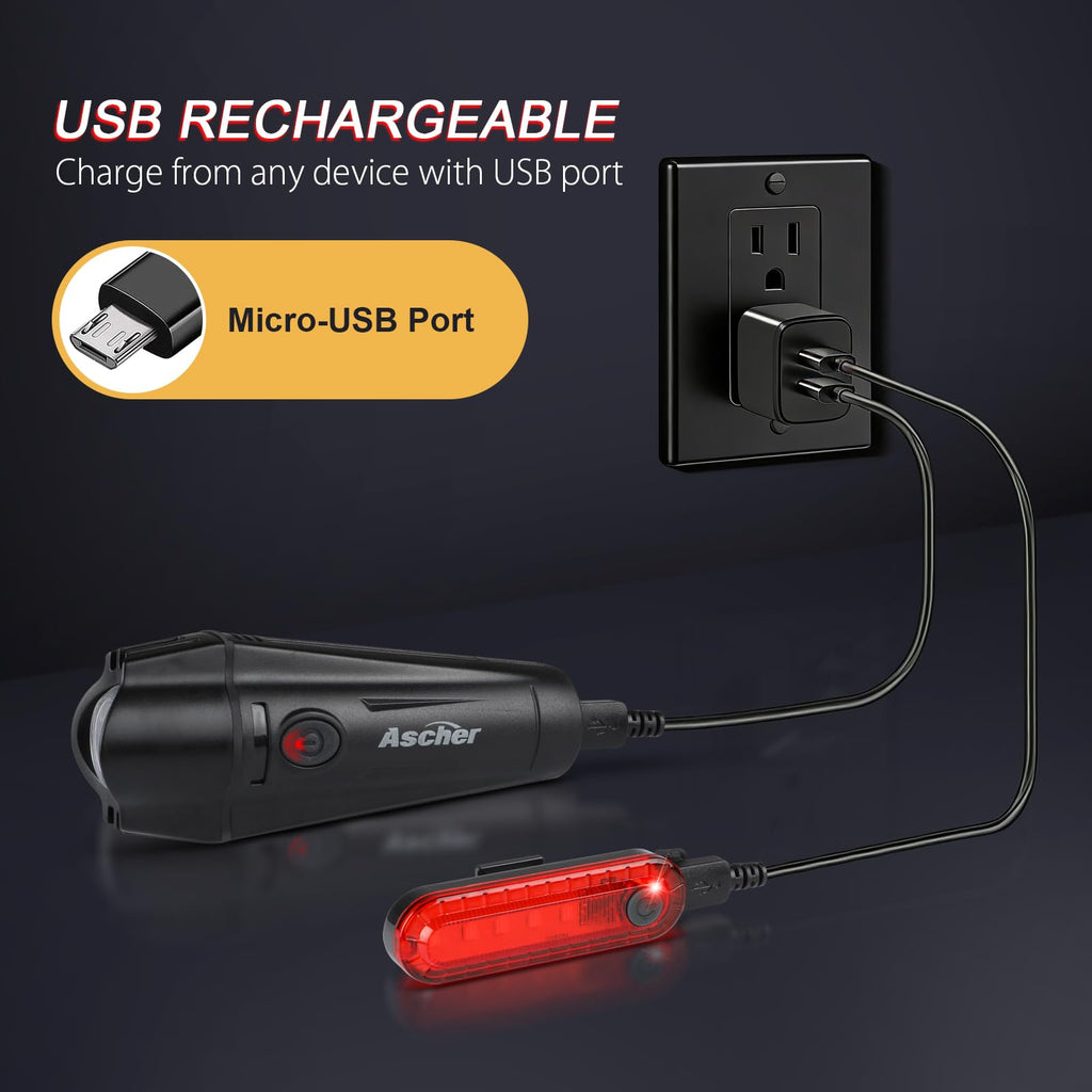 USB Rechargeable Front & Rear Bike Light Set