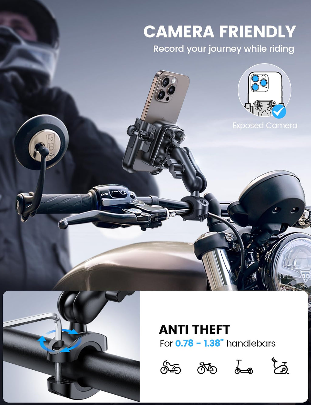 All-Metal Anti-Shake Motorcycle Phone Mount