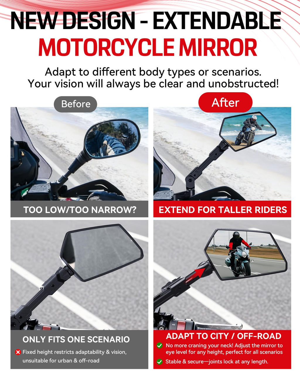 Extendable 360° Adjustable Convex Handlebar Mirror