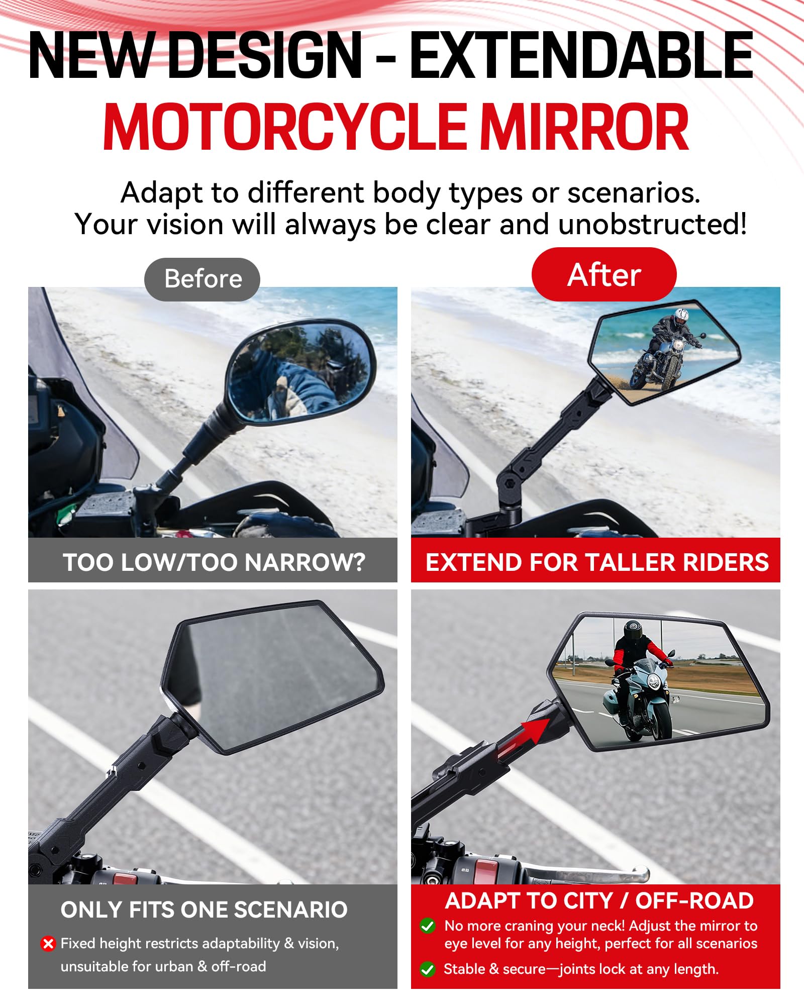 Extendable 360° Adjustable Convex Handlebar Mirror